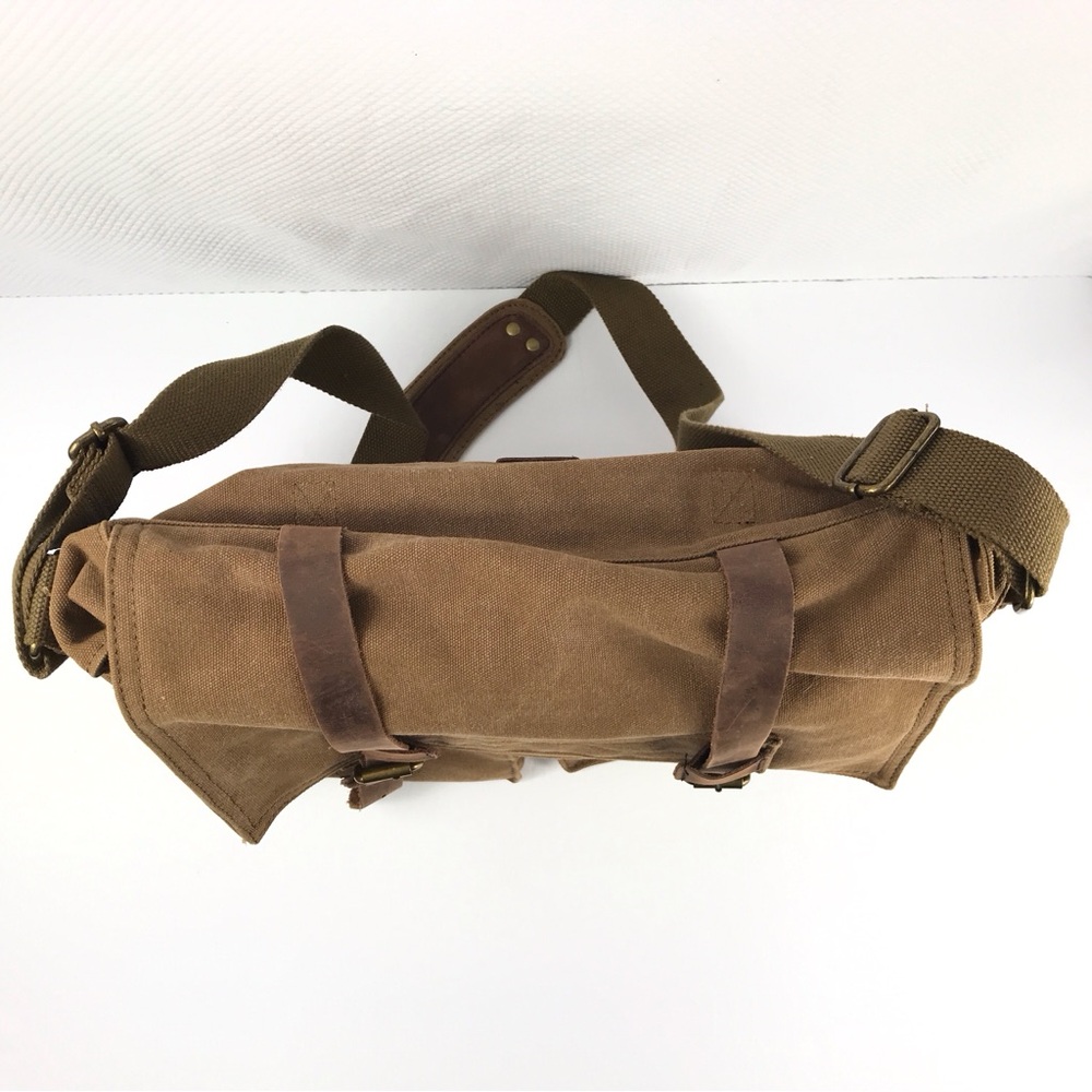 S.C.COTTON Leather and Khaki Canvas Messenger Laptop Office Bag - Picture 8 of 11